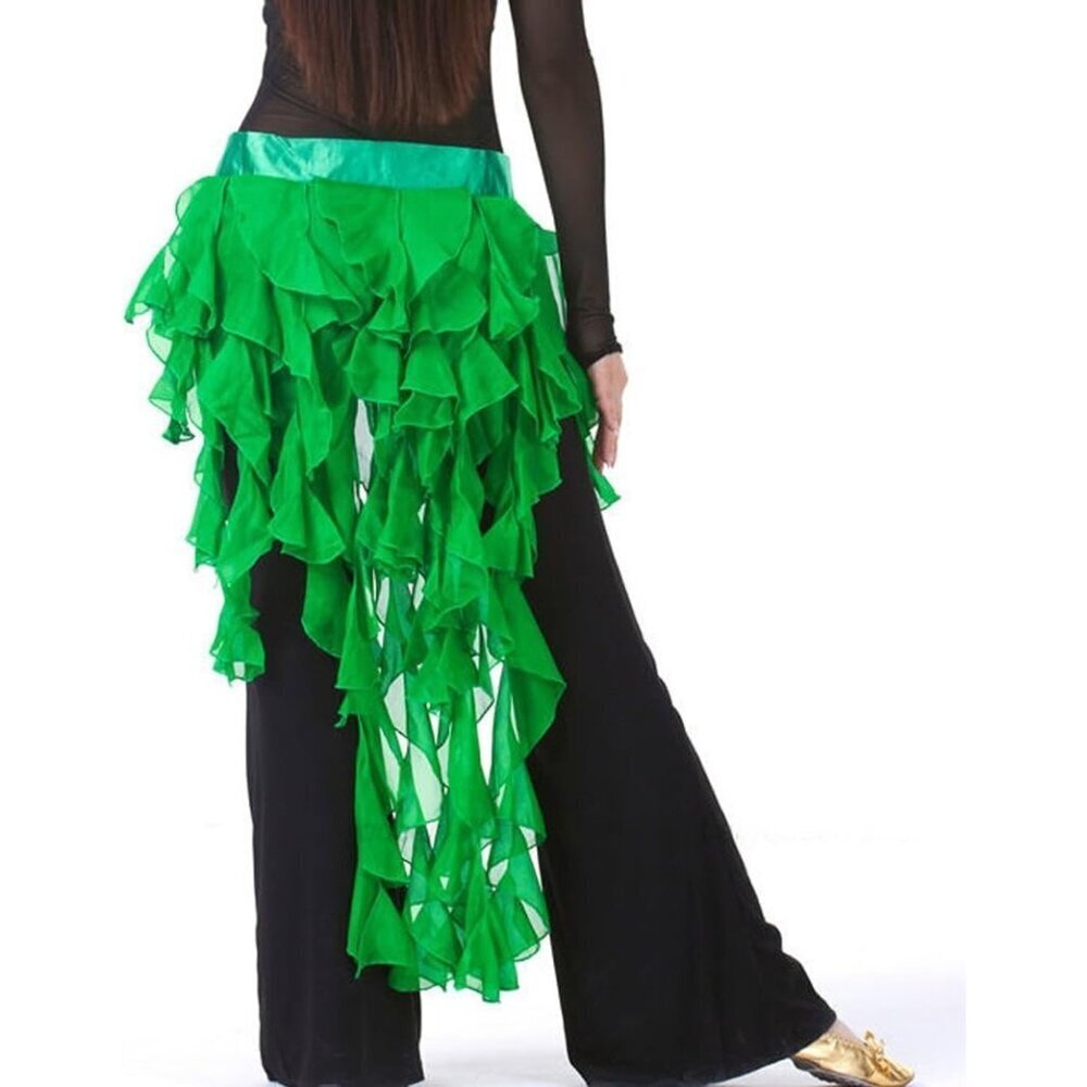 Women's Belly Dance Hip Scarf Green Skirt Tassel Wave Design for Latin Dance